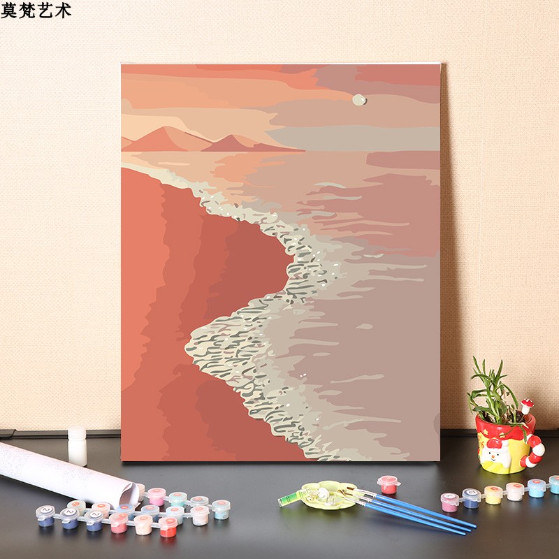 数字油画diy手工填充少女粉色沙滩卧室装饰画手绘涂色丙烯油彩画图片
