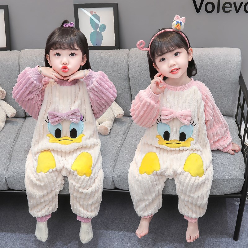 法兰绒女童睡衣2秋冬季1卡通0婴儿宝宝保暖睡袋加厚家居服连体衣3