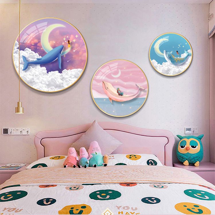 儿童房装饰画公主房圆形床头女孩房间卧室床头背景墙挂画卡通壁画图片