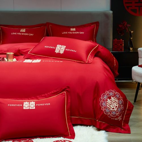 新中式婚庆100S长绒棉喜字四件套全棉纯棉结婚大红色被套床笠床品