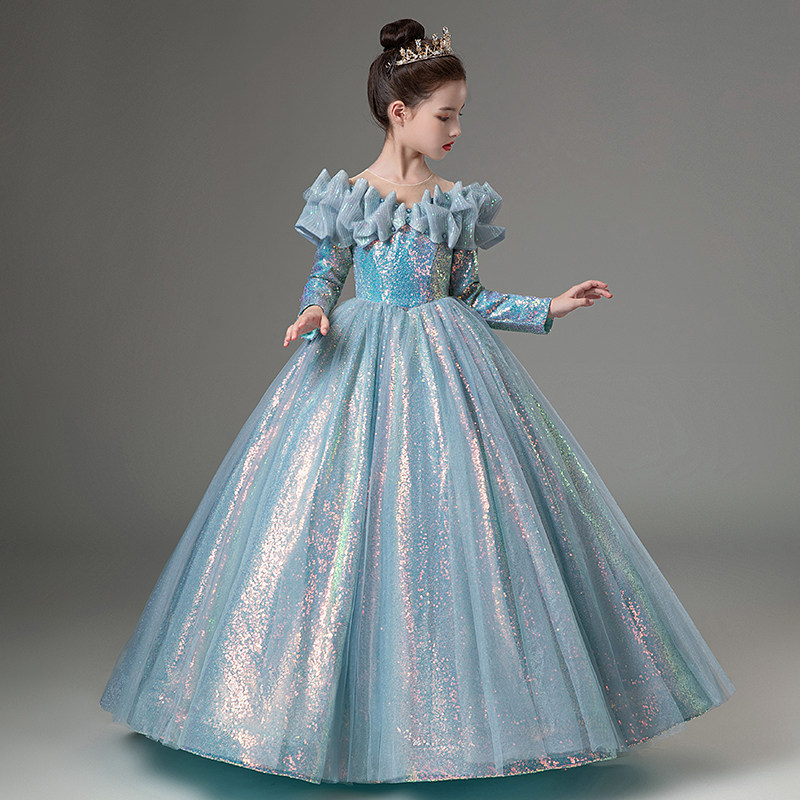 儿童礼服公主裙生日秋冬闪亮钢琴演出服走秀女童小主持人服装长袖