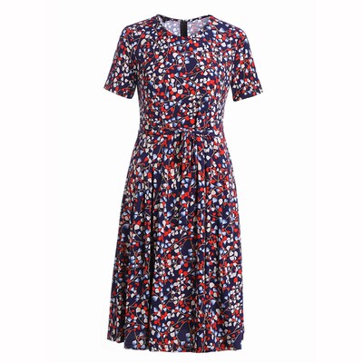 香沐兰2025年夏季短袖裙子碎花时尚圆领显瘦收腰系带中长款连衣裙