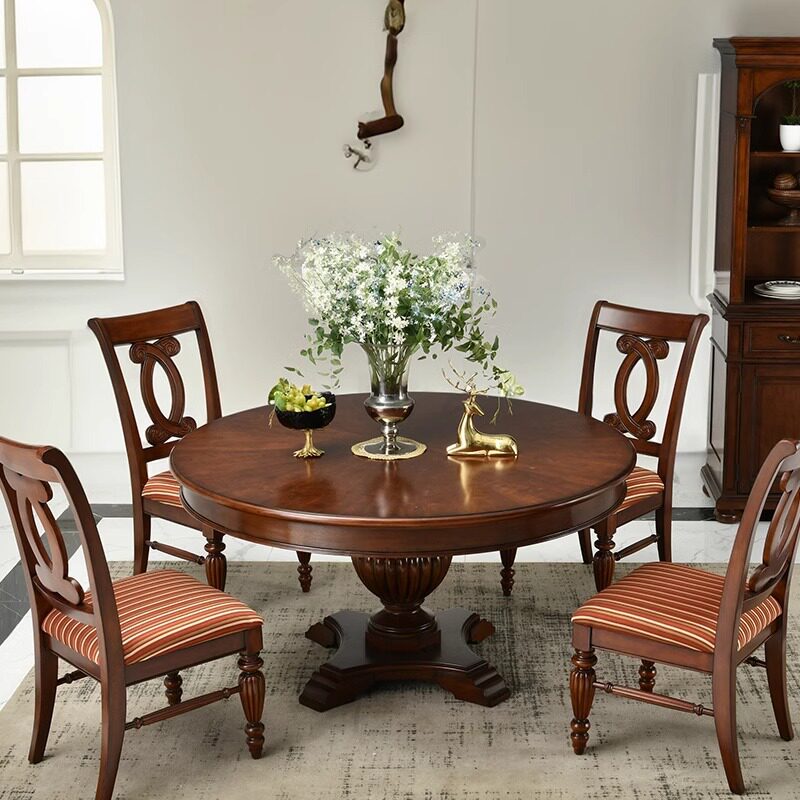 美式乡村圆餐桌客厅家用中古风餐桌椅组合实木简约饭桌全实木餐桌