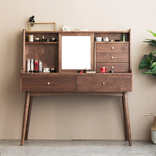 北欧黑胡桃木梳妆台 全实木大容量樱桃木现代简约带镜子化妆桌