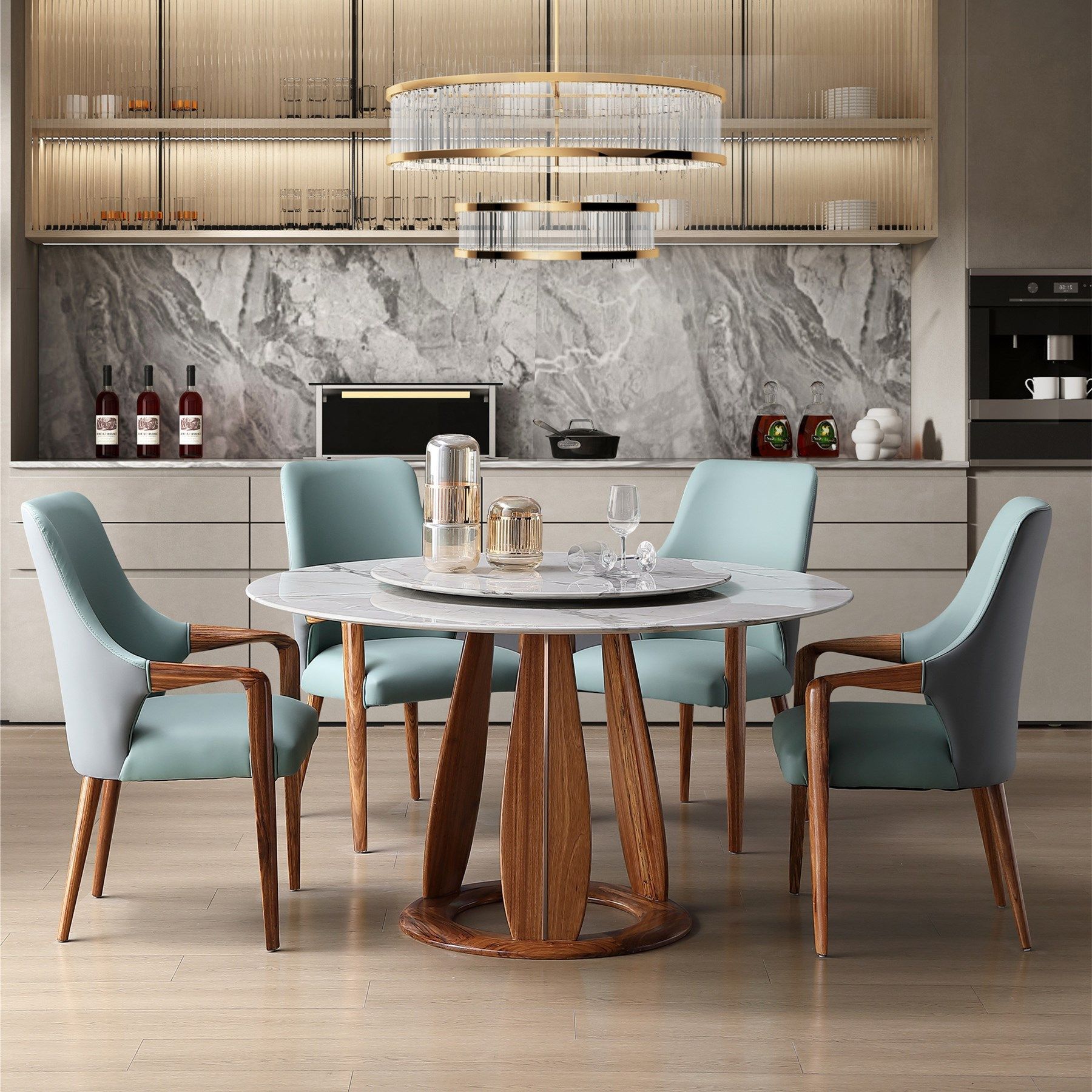 轻奢白蜡餐桌套装大理石岩板饭厅圆形6-8人饭桌餐厅乌金木圆桌椅