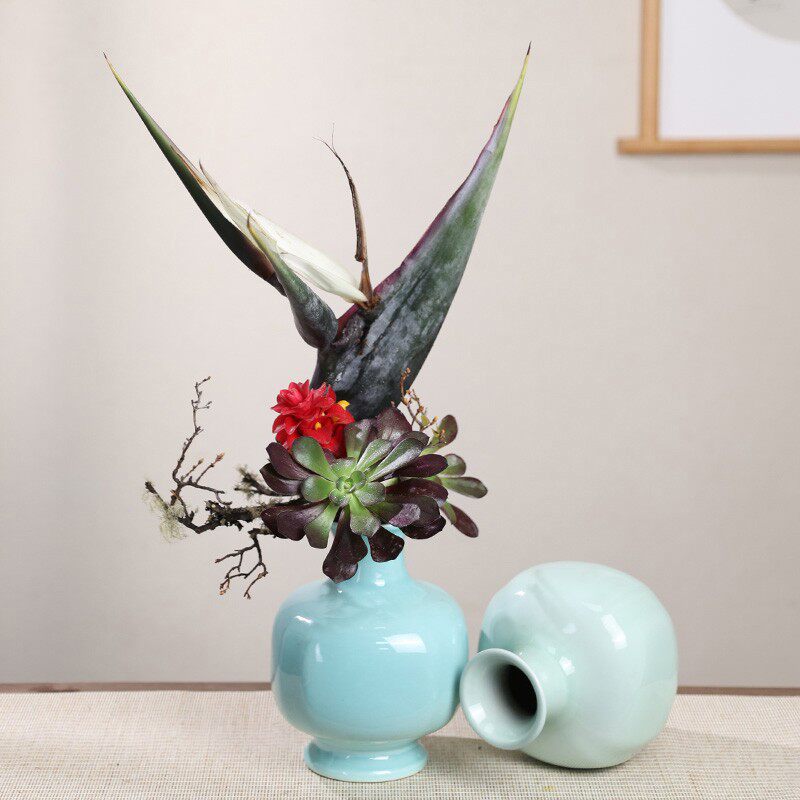 小原流豆青瓶 花瓶花器瓶花文人调投入花中式日式花道插花 送底座