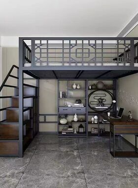 loft阁楼床省空间床复古中国风复式床拼接金属床铁艺高架阁楼式床