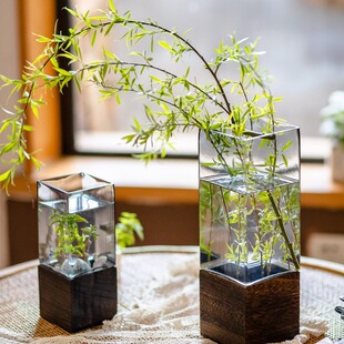方口木托玻璃花瓶摆件透明水养鲜花干花客厅餐桌插花装饰花器