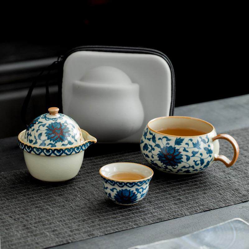 便携式旅行茶具套装青花瓷户外游单个人专用泡茶壶茶杯汝窑快客杯