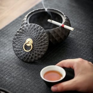 带盖防飞灰家用客厅车载茶台大号烟缸 精品粗陶烟灰缸创意复古个性