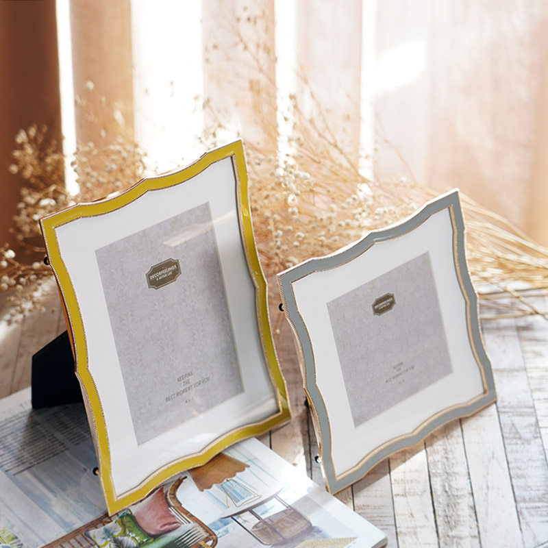 费灵家居法式田园简约黄色灰色金属相框 创意浪漫婚纱照相架摆台