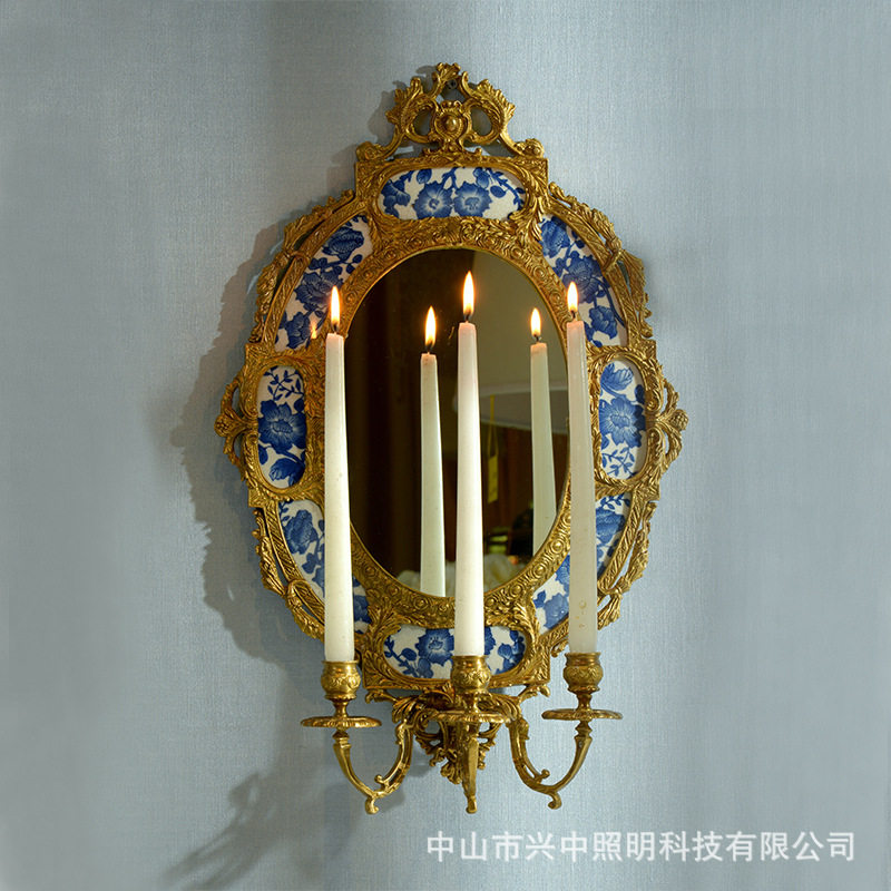 欧式陶瓷配铜椭圆形挂镜烛台壁饰摆件美式别墅家居饰品全挂件