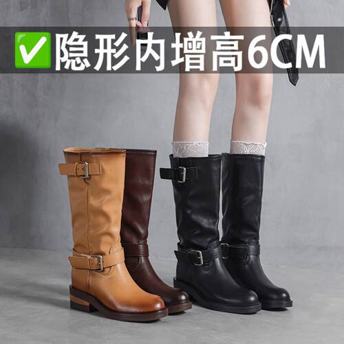 欧洲站隐形内增高扣袢机车短靴女2026秋冬新款复古百搭中筒骑士靴