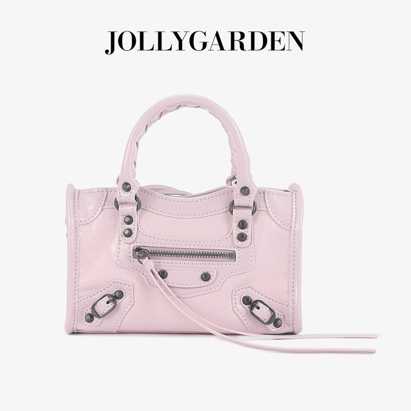 JOLLY GARDEN【汀野】新款粉色迷你铆钉机车包酷飒风手提斜挎女包