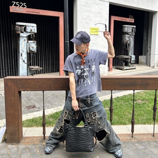 vcatecx数码 Boxy短宽水洗手工破坏T恤男女复古vintage潮 印花短袖