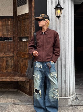 清仓Vcatecx棕色水洗帆布底特律夹克boxy短宽翻领工装外套美拉德