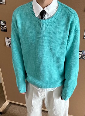 Vcatecx秋冬湖水绿毛衣男女boxy短宽慵懒粗针冰岛毛针织衫老钱风