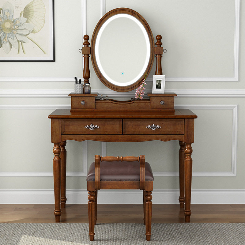 欧式简约智能带灯梳妆台美式全实木化妆台小户型妆台镜大容量