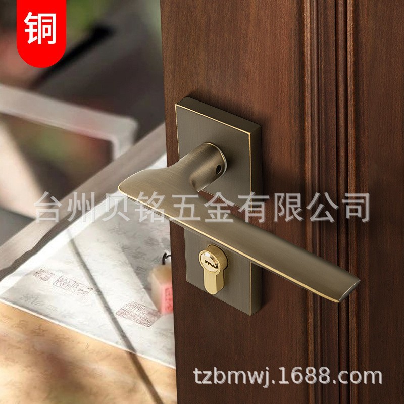 工厂批发黄铜拉丝现代简约静音室内卧室房门锁黄铜分体木门锁具