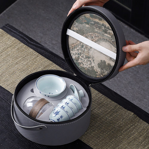 书法艺术青花盖碗茶碗悬停可旋转泡茶杯便携式茶具套装家用旅行装