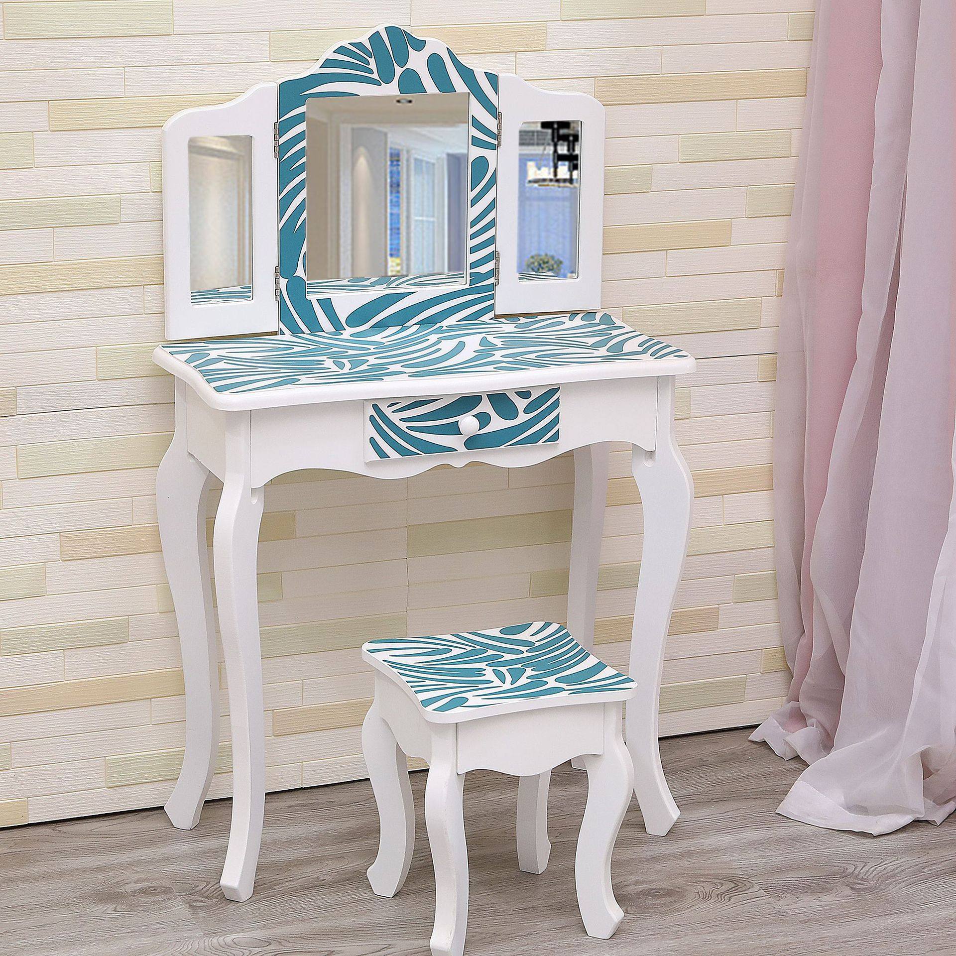 欧式儿童实木多镜单抽梳妆台现代简约卧室小型镜可折叠化妆桌带凳