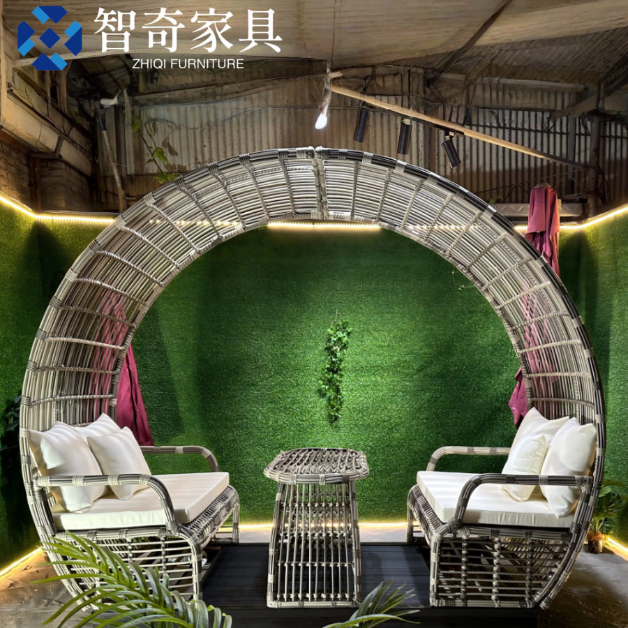 户外庭院藤编滑轨四人动力摇椅
