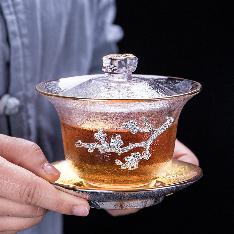 工厂批发加厚耐热纯锡描金梅花琉璃三才盖碗透明玻璃沏茶大盖碗