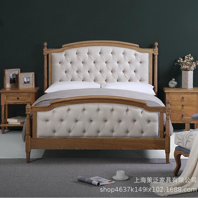 北欧现代简约实木复古大床美式乡村轻奢主卧1.8米软包双人布艺床