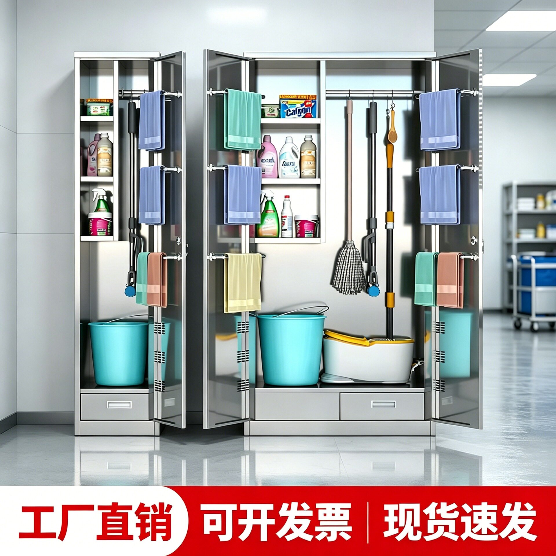 304不锈钢清洁柜学校工厂保洁卫生收纳柜家用储物拖把扫把工具柜