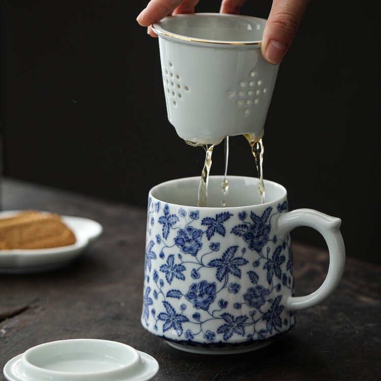 白瓷青花秋葵百川茶杯中式陶瓷茶水分离办公杯个人专用泡茶杯
