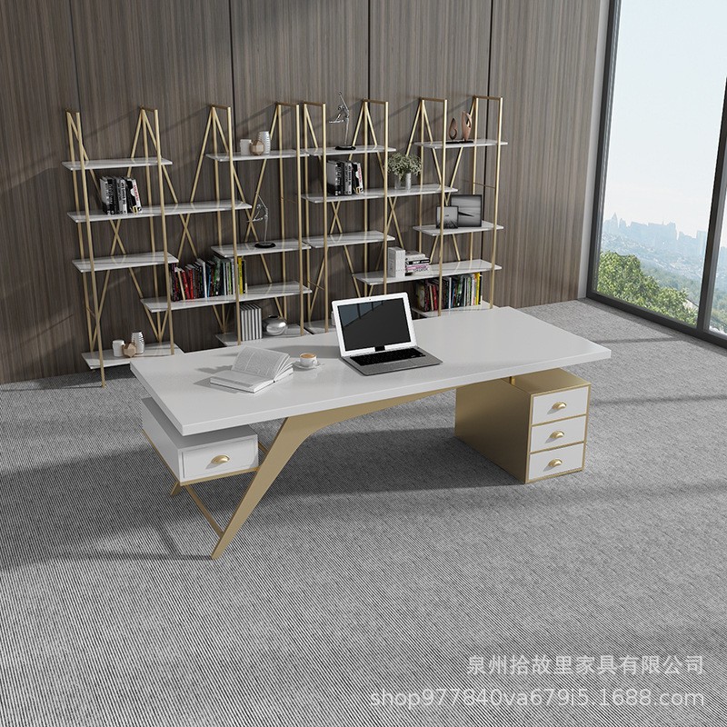 北欧轻奢实木铁艺办公桌带柜