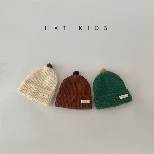 儿童毛线帽秋冬季洋气帽顶小毛球小布标针织帽潮童宝宝冬天帽子潮