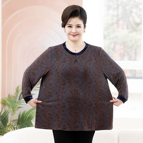 中老年加肥加大码女装秋装长袖t恤胖妈妈装200斤特体遮肚宽松上衣