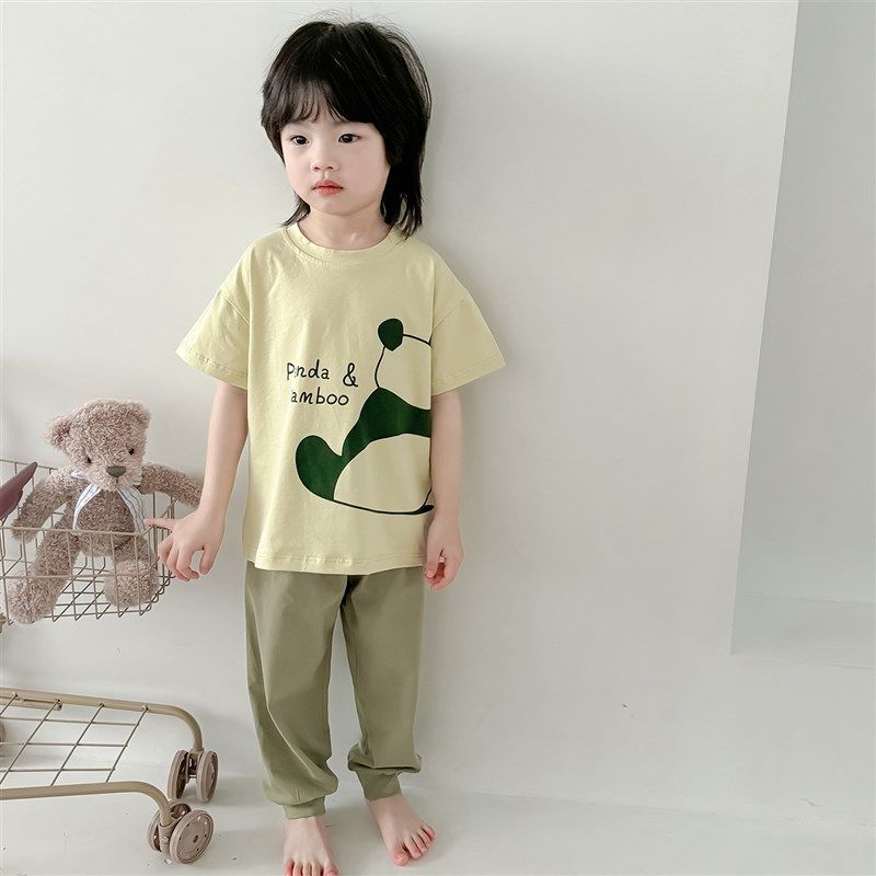 儿童家居服夏季薄款A类纯棉男童女孩短袖长裤睡衣宝宝空调服套装