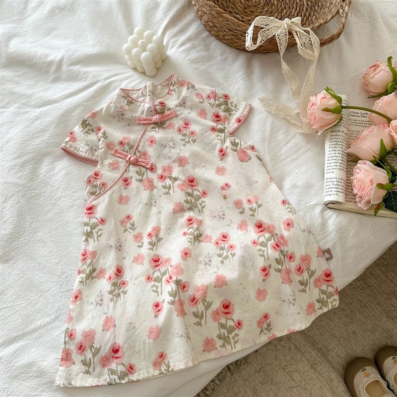 女童旗袍裙夏季洋气古风碎花女宝宝中国风汉服连衣裙儿童公主裙子