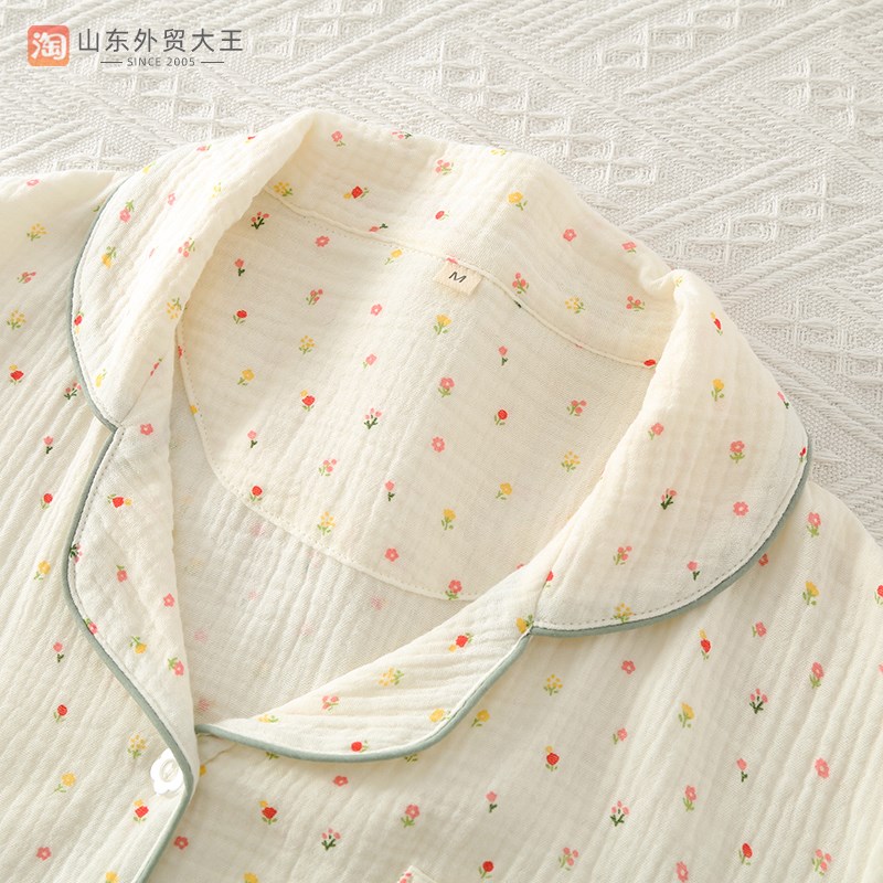 三件套睡衣女春秋夏季纯棉纱布短袖短裤长裤薄款家居服套装全棉