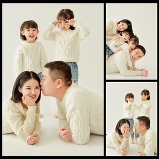 新款亲子装红色毛衣影楼拍照服装全家福新年摄影男女主题白色麻花