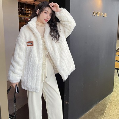 羊羔毛外套女冬中长款仿兔毛皮草大衣宽松加厚白色立领毛毛绒上衣