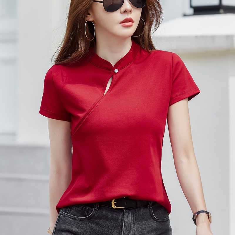 新中式盘扣立领短袖t恤女2025夏季新款复古旗袍式纯棉小衫上衣女