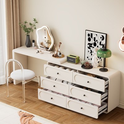 法式简约奶油风实木梳妆台卧室床尾收纳斗柜一体化妆桌轻奢高级感