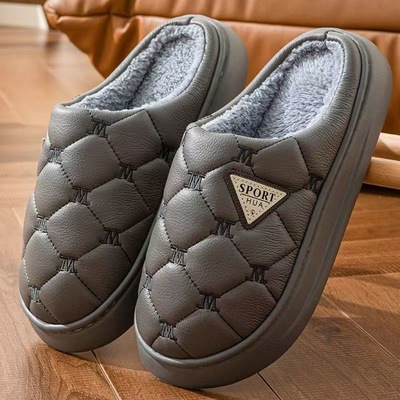 男士棉拖鞋冬季室内外加绒保暖防滑家居踩屎感厚底防水皮面毛绒拖