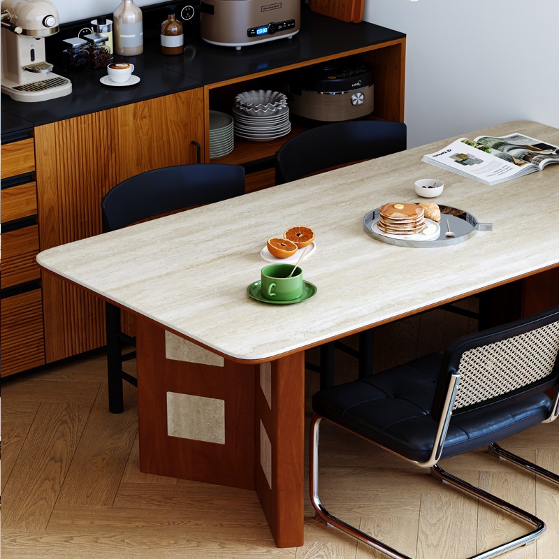 中古风洞石现f代简约轻奢高级感岩板餐桌实木长方形家用小户型餐