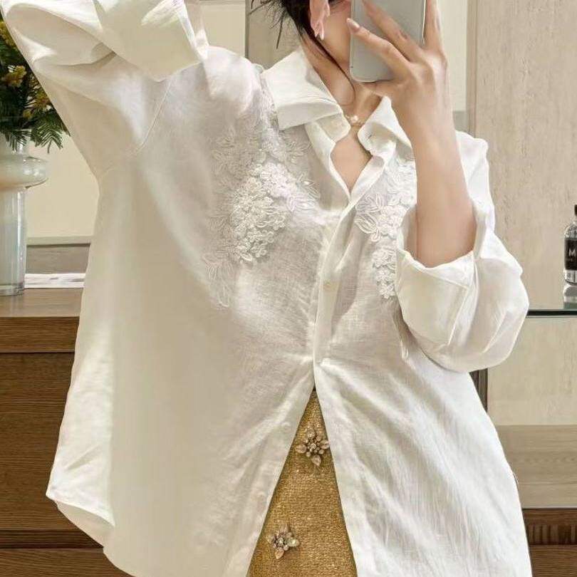 韩版白色重工亮片长袖衬衫女春季2026年新款气质休闲百搭显瘦外套