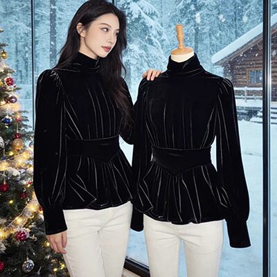 轻奢高级感丝绒衬衫女冬季半高领黑色打底衫正肩收腰灯笼长袖上衣