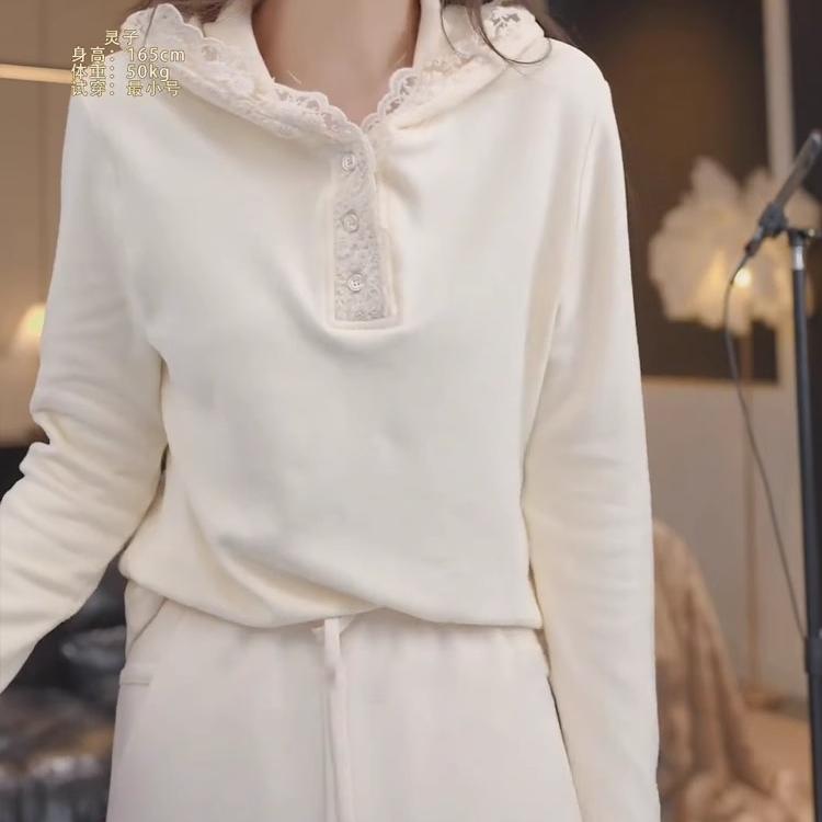 韩系温柔风蕾丝拼接连帽长袖毛衣针织衫时尚百搭套头打底衫上衣女