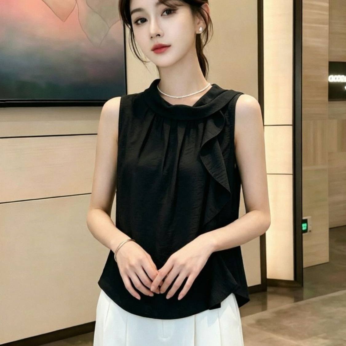 夏季雪纺宽松显瘦遮肚无袖衬衫图片