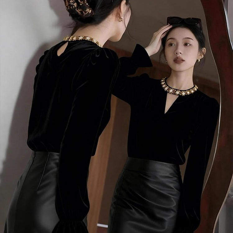 法式复古赫本风黑色修身显瘦丝绒打底衫女内搭秋冬喇叭袖绝美上衣,女装/女士精品,T恤,淘宝优惠券,粉丝福利购,淘宝优惠卷