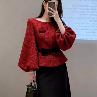 新年战袍红色灯笼袖收腰上衣冬季新款名媛气质圣诞新年小香风外套