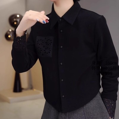 韩系复古蕾丝拼接翻领长袖衬衫女秋冬轻奢高级感磨毛内搭打底上衣