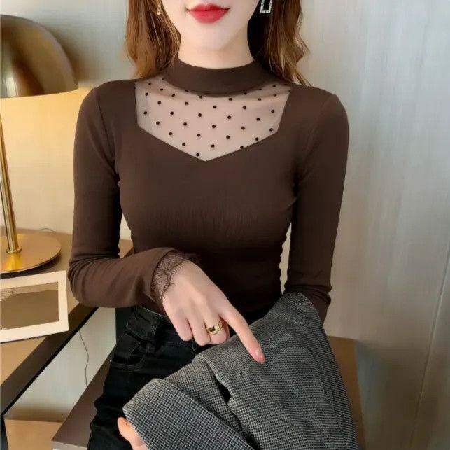 法式黑色半高领蕾丝波点长袖T恤女2026秋冬新款洋气减龄打底上衣